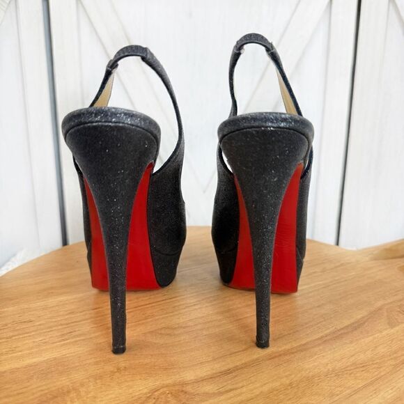 Christian Louboutin Lady Peep Glitter Platform Slingback Pumps Black Red 37.5 - Picture 5 of 16